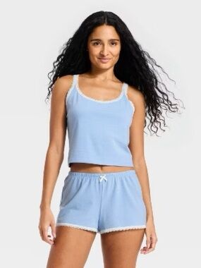 Lace-Trim Cami & Short Sleep Set - Light Blue